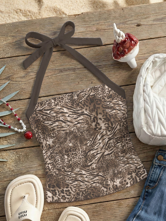 Damen Neckholder Top mit verspieltem Leopardenmuster EB