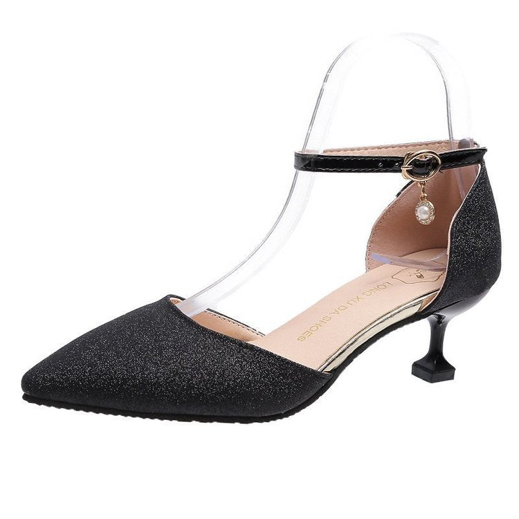 Damen elegante Glitzerpumps mit transparentem Riemen und goldener Fessel EB