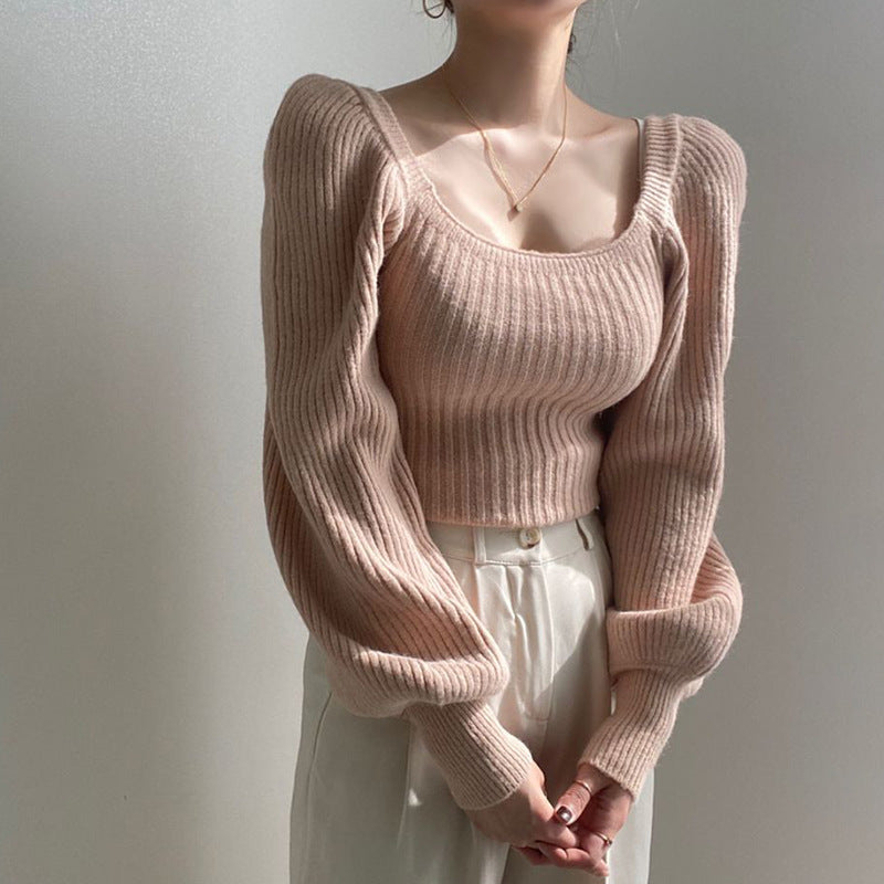 Damen Ripp-Strickpullover mit Puffärmeln EB