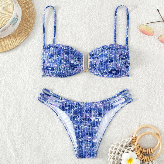 Damen Bikini-Set mit verspieltem Mustermix und modernen Schnürdetails EB