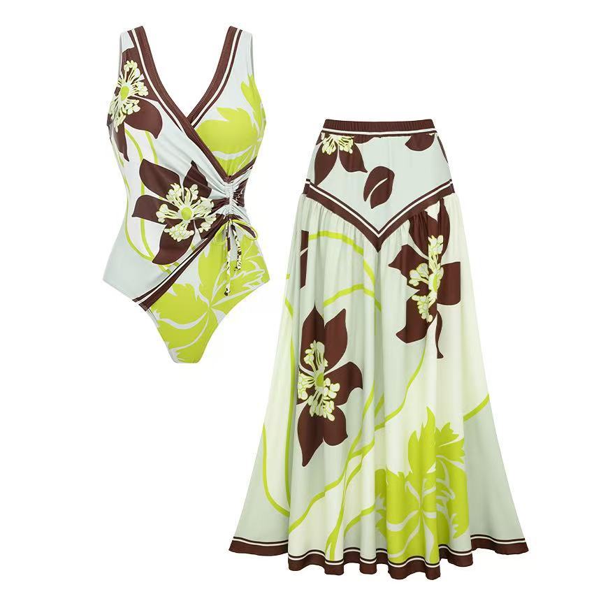 Damen Strandmode-Set mit floralem Wickeloberteil und schwingendem Rock EB