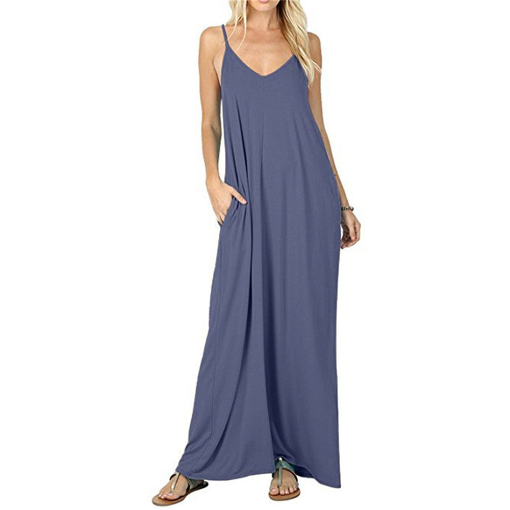 Damen Maxikleid mit spaghettiträgern und praktischen seitlichen Taschen EB