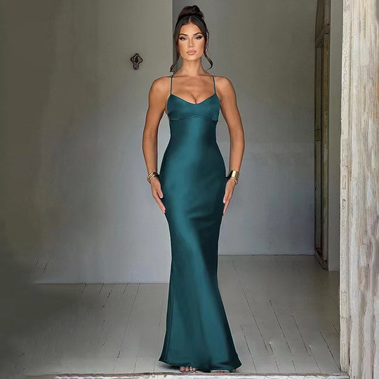 Damen Glamouröses Langarm-Maxi-Kleid mit verstellbaren Trägern und figurbetontem Schnitt EB