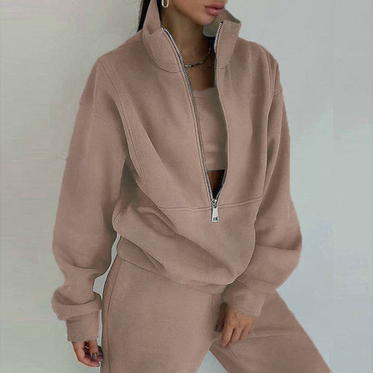 Damen nan kurzes Halbzip-Sweatshirt-und-Jogginghose-Set mit Stehkragen, oversized Schnitt und weichem French-Terry EB