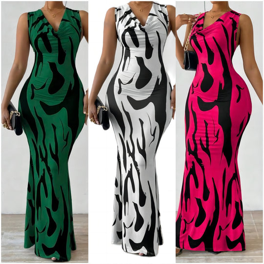 Damen Figurbetontes Maxikleid mit attraktivem Muster und elegantem V-Ausschnitt EB