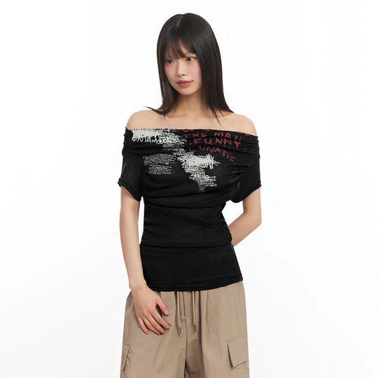 Damen Off-Shoulder Shirt mit grafischem Druck EB