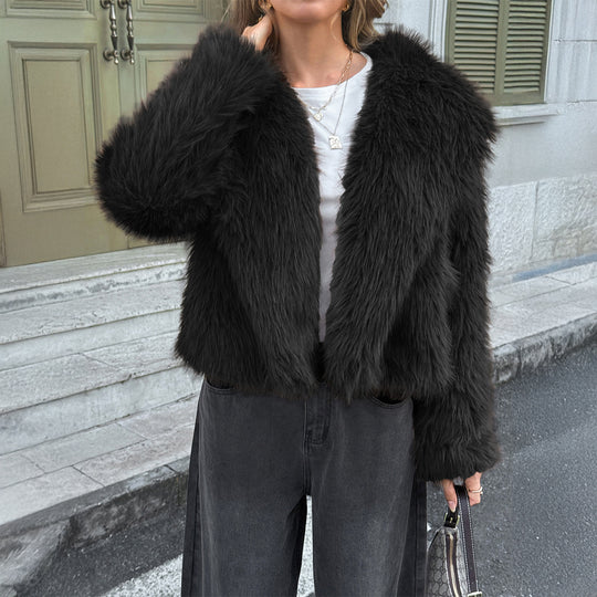 Damen nan kurzer Faux‑Fur‑Mantel mit breitem Stehkragen, dichter Flor und wärmender Innenfütterung EB