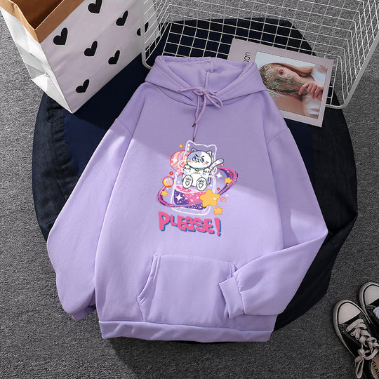 Damen nan oversized Kapuzenpullover im Streetstyle mit weichem Fleece-Innenfutter, Kängurutasche und farbenfrohem Cartoon-Katzen-Planet-Print EB