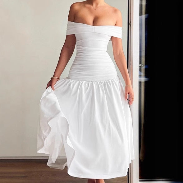 Damen Hochwertiges Off-Shoulder Maxikleid mit tailliertem Schnitt und fließendem Rock EB