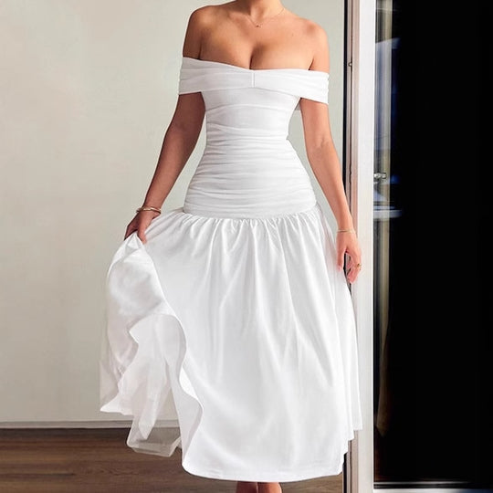 Damen Hochwertiges Off-Shoulder Maxikleid mit tailliertem Schnitt und fließendem Rock EB