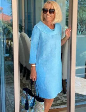 Damen Leichtes Leinenkleid mit elegantem Kragen und lockerer Passform EB