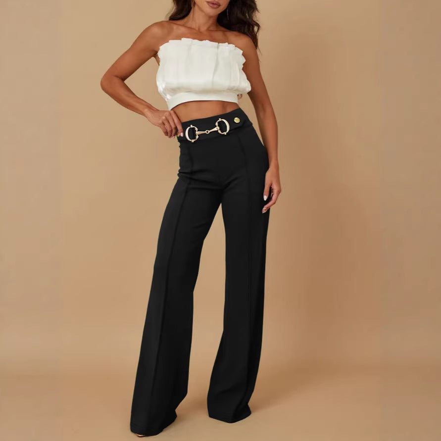 Damen weite Hochtaillenhose mit dekorativem Gürtel und eleganter Nahtführung EB