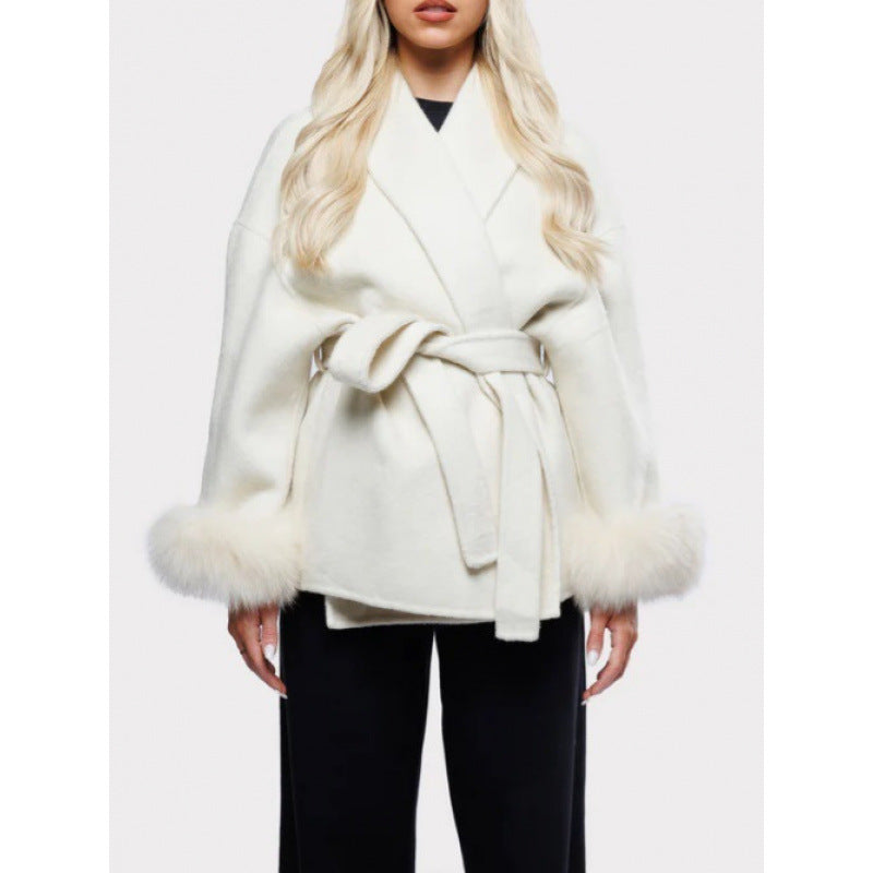 Damen elegante Kapuzenjacke mit Kunstpelzbesatz EB