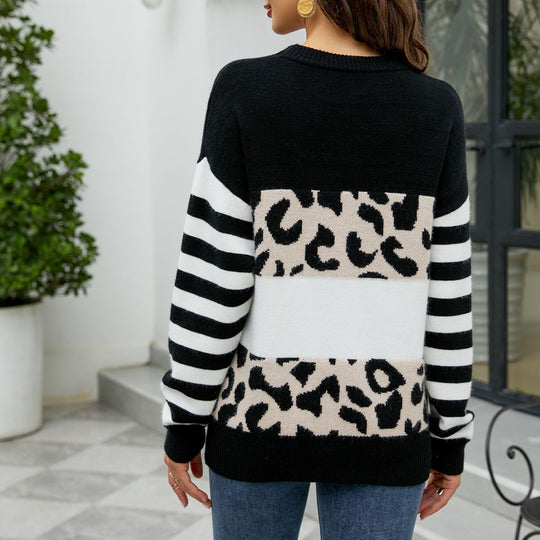 Damen modischer Pullover mit auffälligem Leopardenmuster und gestreiften Ärmeln EB