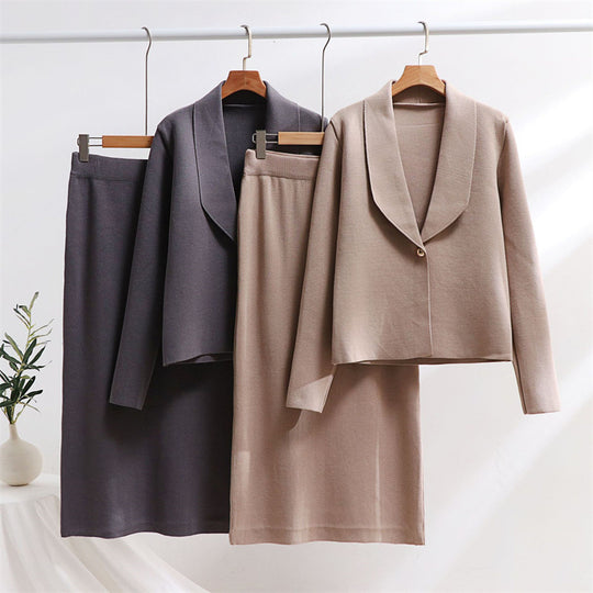 Damen elegantes Strickensemble mit Blazer und Midi-Rock EB
