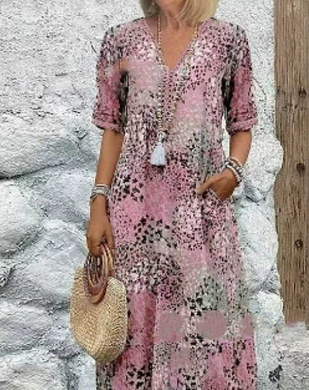 Damen Maxikleid mit V-Ausschnitt und praktischen Seitentaschen EB