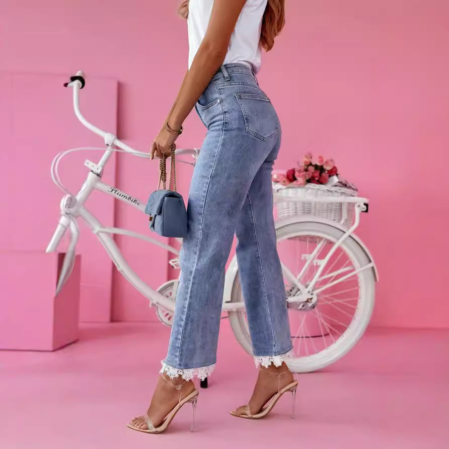 Damen Weit geschnittene Jeans mit Spitzenabschluss EB
