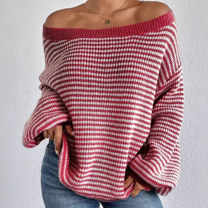 Damen Oversized Strickpullover mit Off-Shoulder Design und gestreiftem Muster EB