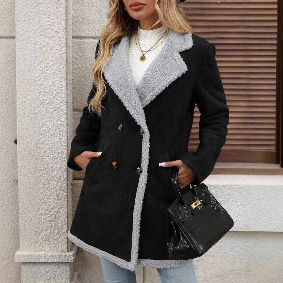Damen Modische Oversized-Jacke mit Teddyfutter und doppelter Knopfleiste EB