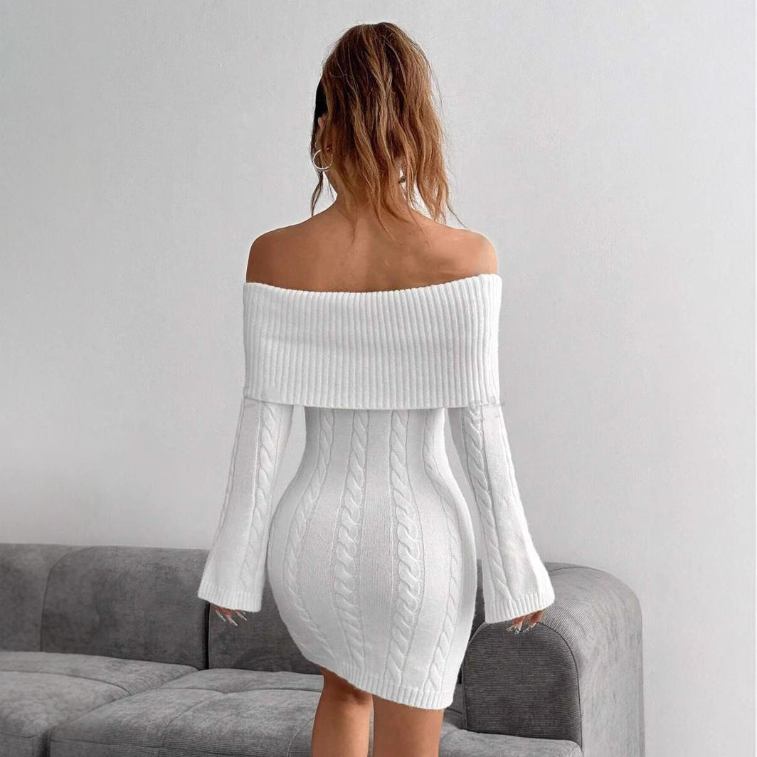 Damen Off-Shoulder Strickkleid mit Zopfmuster und voluminösen Ärmeln EB