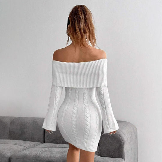 Damen Off-Shoulder Strickkleid mit Zopfmuster und voluminösen Ärmeln EB