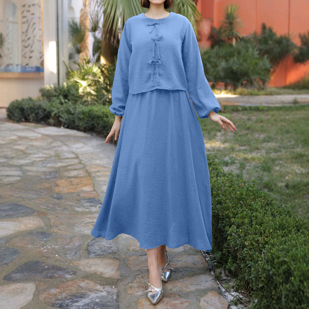 Damen Langes Zweiteiliges Maxikleid mit Überwurf, Rundhals und Zierknoten EB