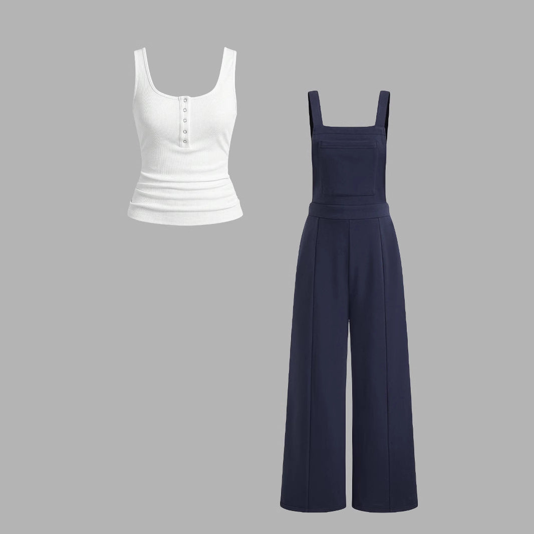 Damen lässiger Tank-Top und weit geschnittenen Latzhose Set EB