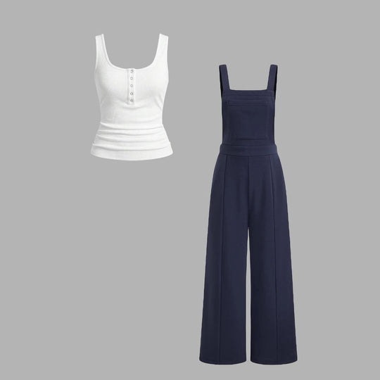 Damen lässiger Tank-Top und weit geschnittenen Latzhose Set EB