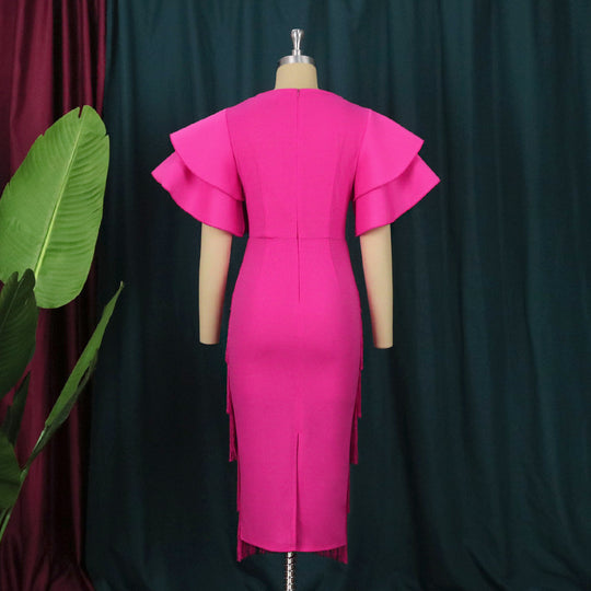 Damen Cocktailkleid mit voluminösen Rüschenärmeln und Fransen-Saum EB