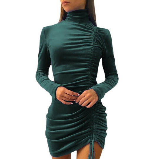 Damen elegantes Samt-Minikleid mit hohem Kragen und raffiniertem Raffungseffekt EB