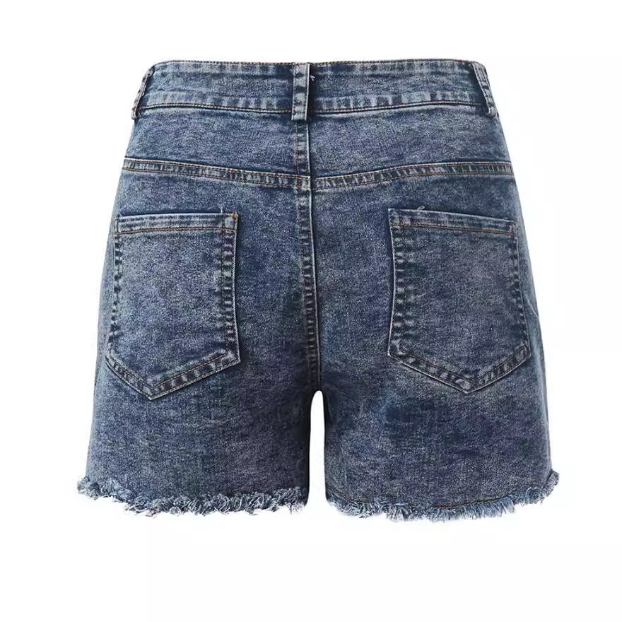 Damen hoch taillierte Denim-Shorts mit fransigem Saum EB