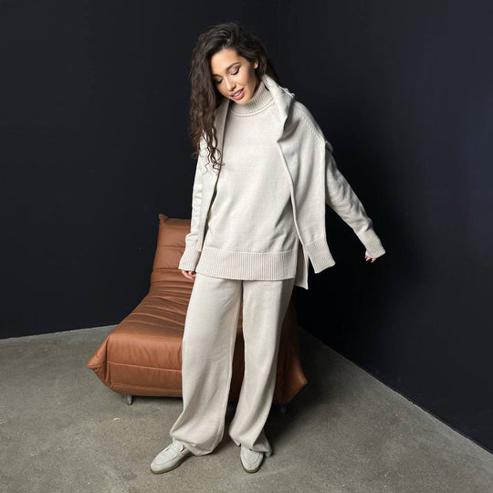 Damen Strick-Loungewear-Set mit hohem Kragen und weitem Schnitt EB