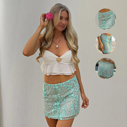 Damen kurzer Rock mit funkelnden Pailletten und boho-inspiriertem Design EB