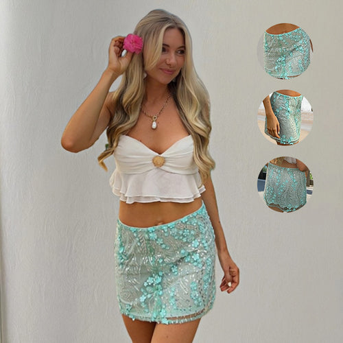 Damen kurzer Rock mit funkelnden Pailletten und boho-inspiriertem Design EB