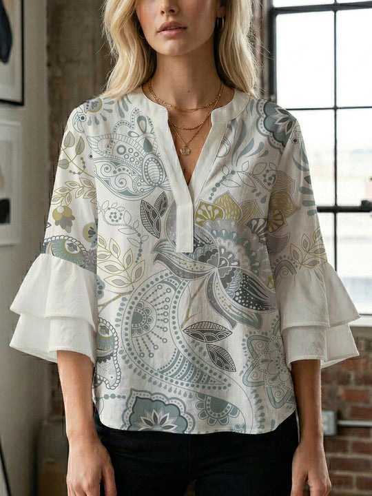 Damen Bluse mit voluminösen Rüschenärmeln und kreativem Floraldesign EB