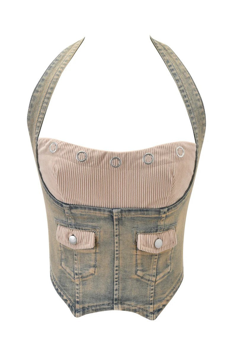 Damen Denim Bustier mit Cord-Ausschnitt EB