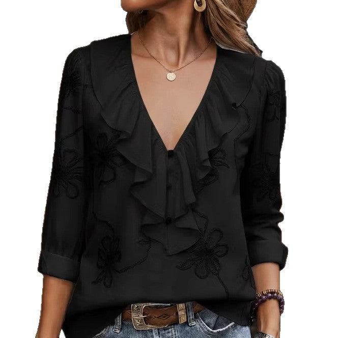 Damen elegante Bluse mit Volant und floralem Stickmuster EB