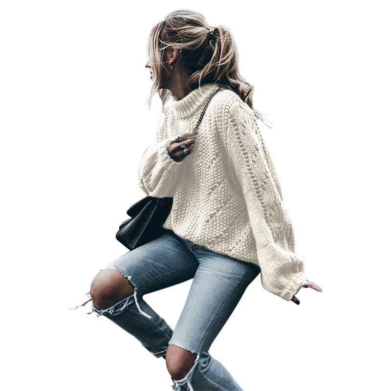Damen Grobstrickpullover mit weitem Schnitt und modischem Rollkragen EB