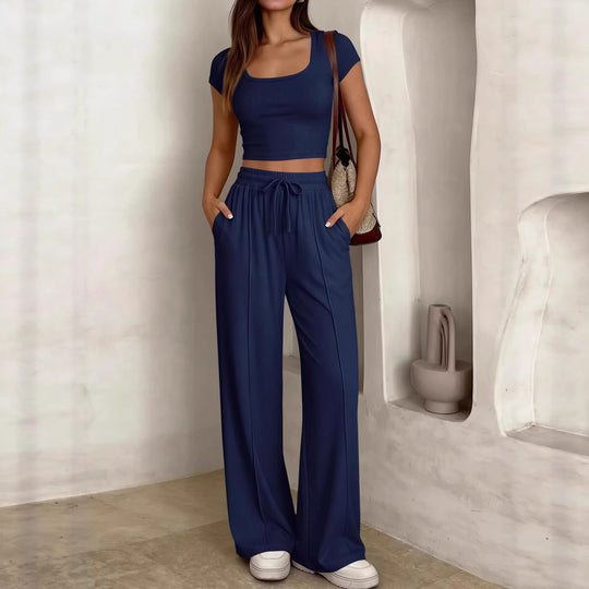 Damen lässiges Cropped-Top und weite Hose Set EB