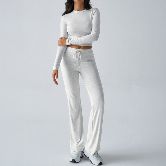 Damen nan tailliertes Longsleeve-Crop-Top und weite Lounge-Hose im Zweiteiler-Set aus Stretchjersey EB