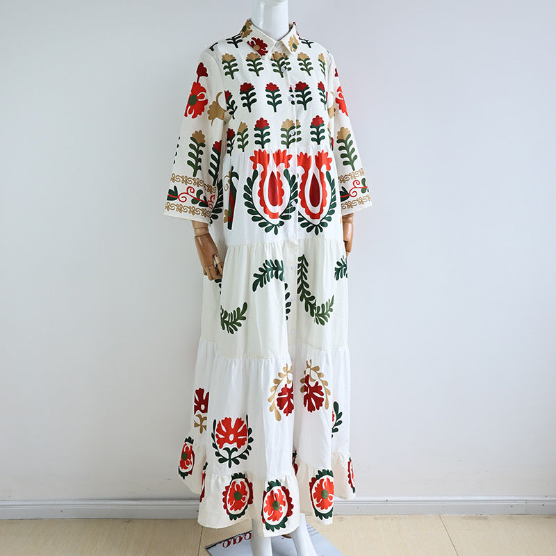 Damen Langarm-Teilkaro Kleid mit floralen Stickereien EB
