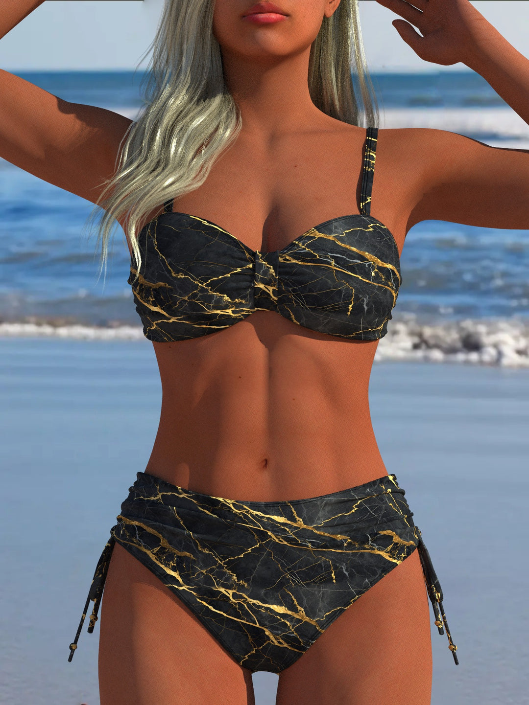 Damen Bikini-Set mit stilvollem Karomuster und goldfarbenen Akzenten EB