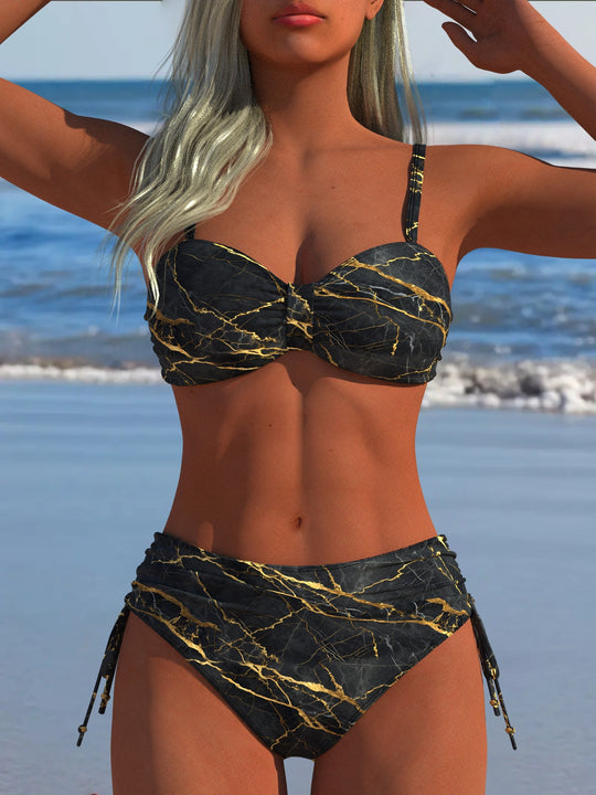Damen Bikini-Set mit stilvollem Karomuster und goldfarbenen Akzenten EB