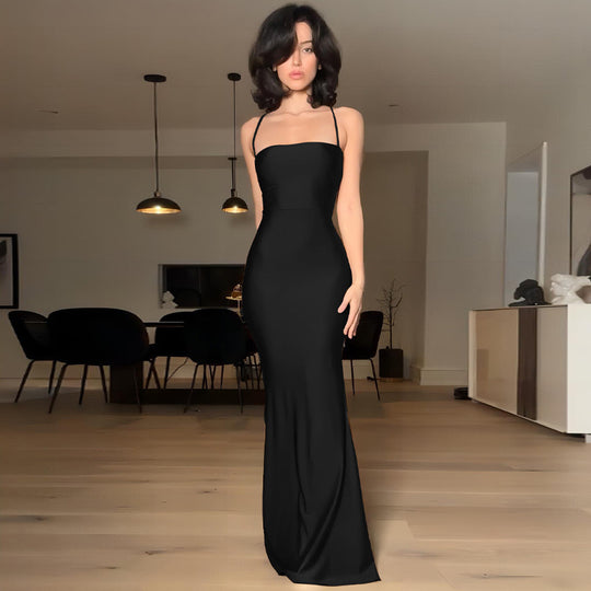 Damen elegantes Bodycon Maxikleid mit schulterfreiem Design und feinen Trägern EB