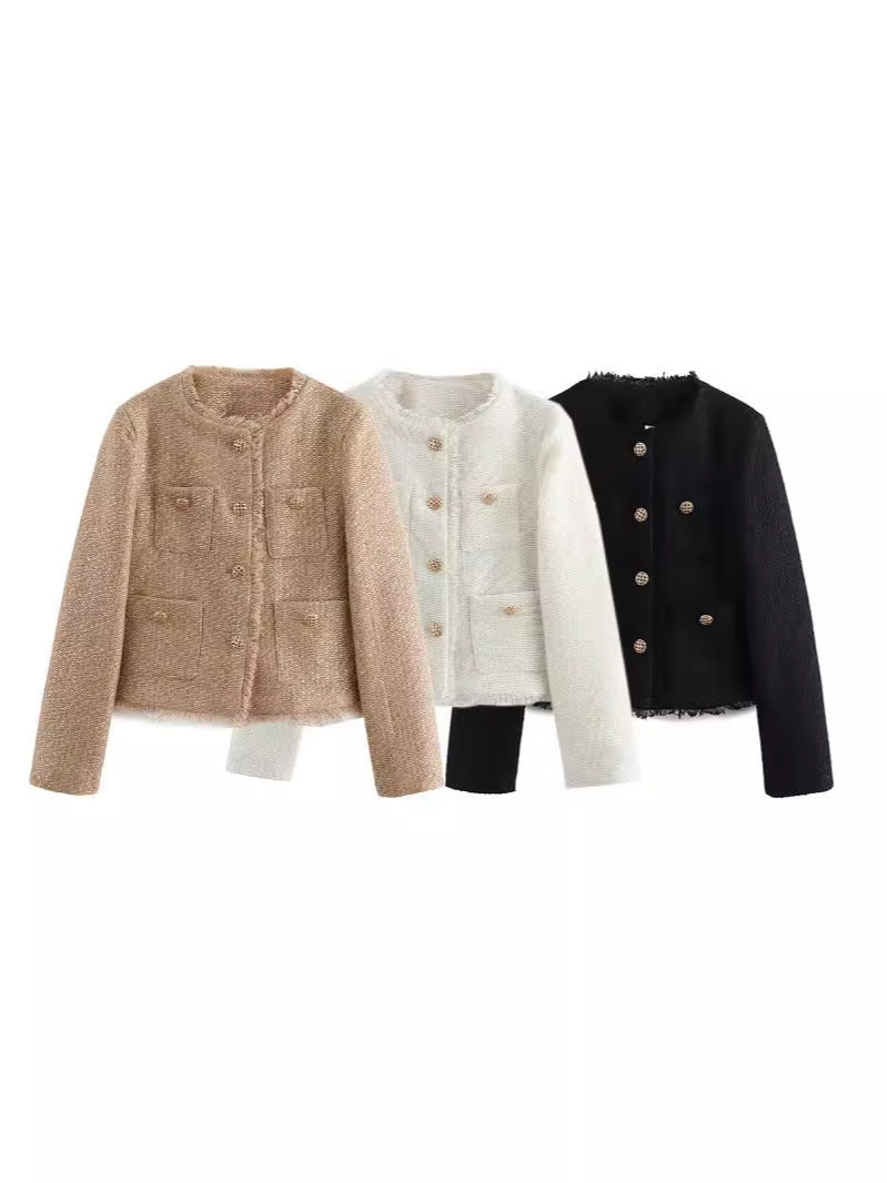 Damen elegante Tweed-Jacke mit Fransen und dekorativen Knöpfen EB