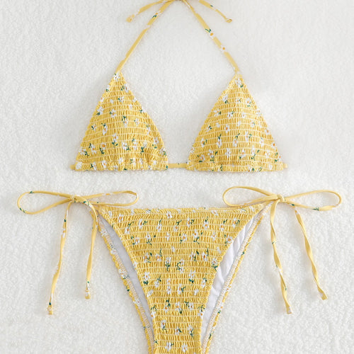 Damen Triangel-Bikini-Set mit floralem Muster und hochwertigen Bindebändern EB