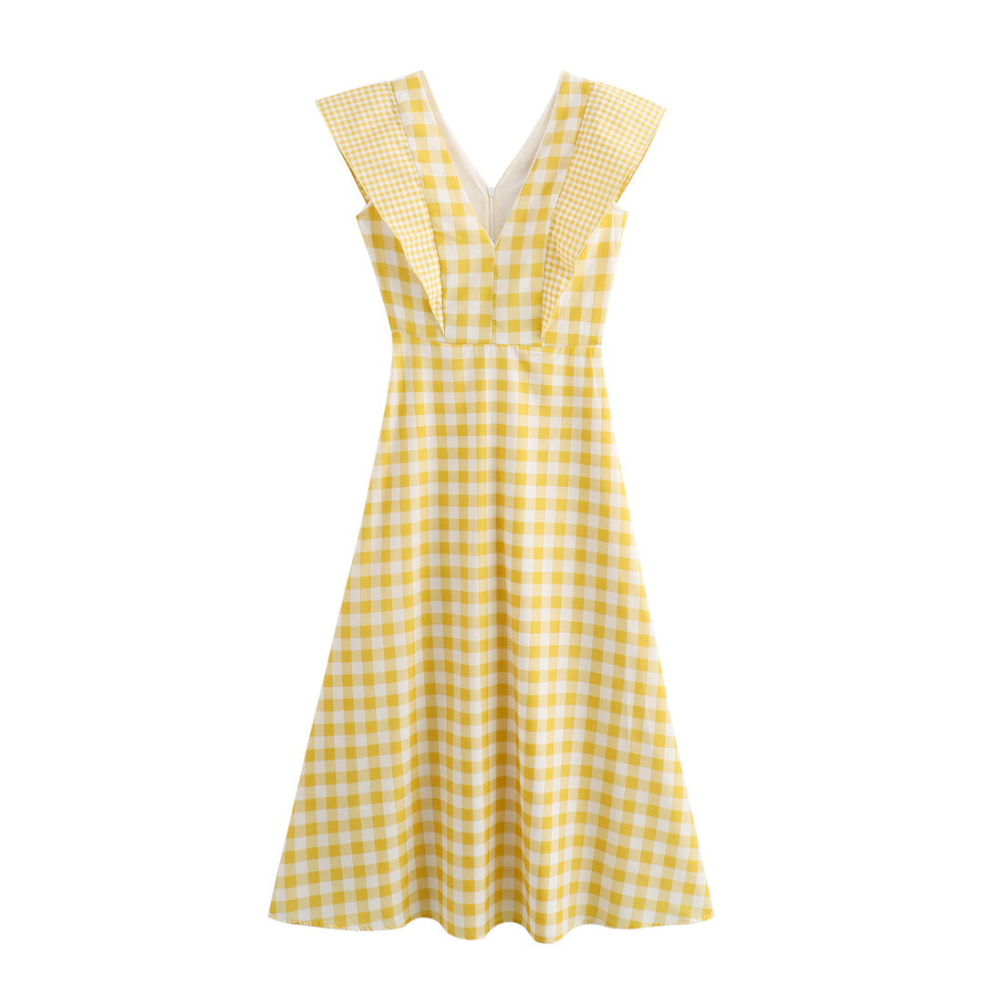 Damen Maxikleid mit V-Ausschnitt und modernen Rüschendetails EB