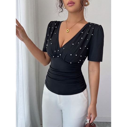 Damen elegante Bluse mit Perlen-Detail EB