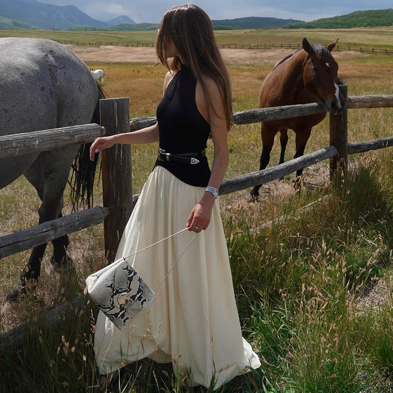 Damen Elegantes Maxikleid mit hochgeschlossenem Design und zwei Farbdetails EB