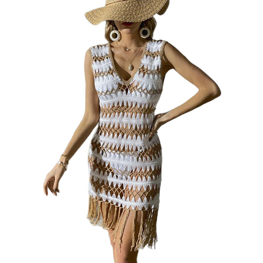 Damen Häkel-Strandkleid mit Fransen und V-Ausschnitt EB